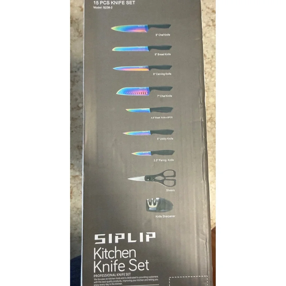 Siplip 15 Piece Kitchen Knife Set Rainbow Titanium Stainless Steel Magnetic Bloc